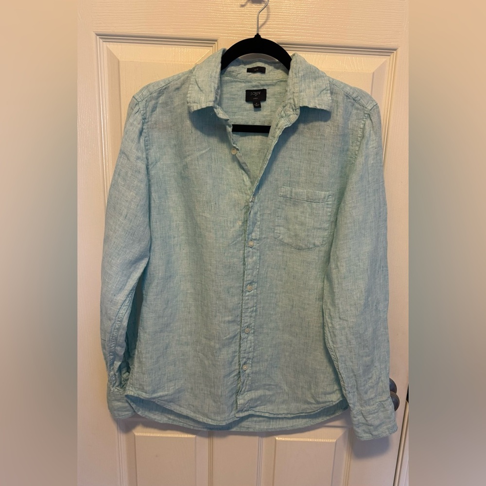 J. Crew mens aqua linen shirt size slim medium.
